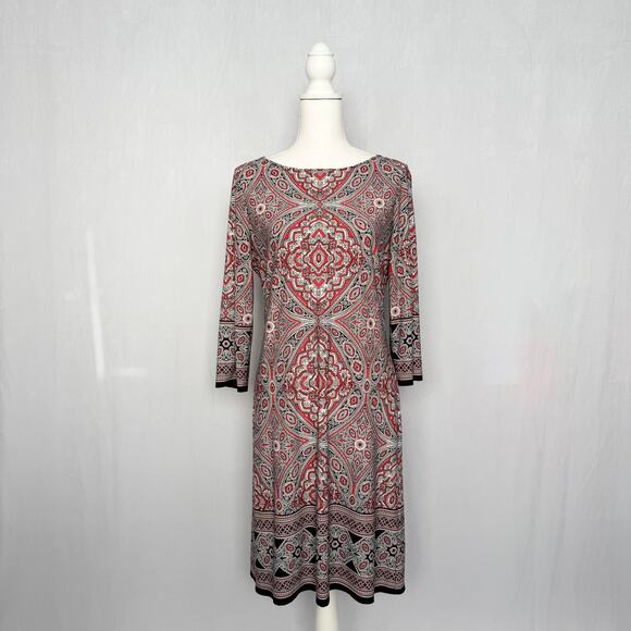 London Times Black Red White Stretch Print Dress, Size 10 - Picture 1 of 7